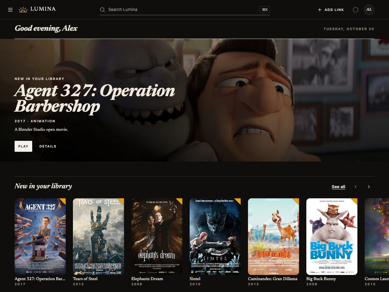 Current Lumina Home with Agent 327 featured above an open-movie collection