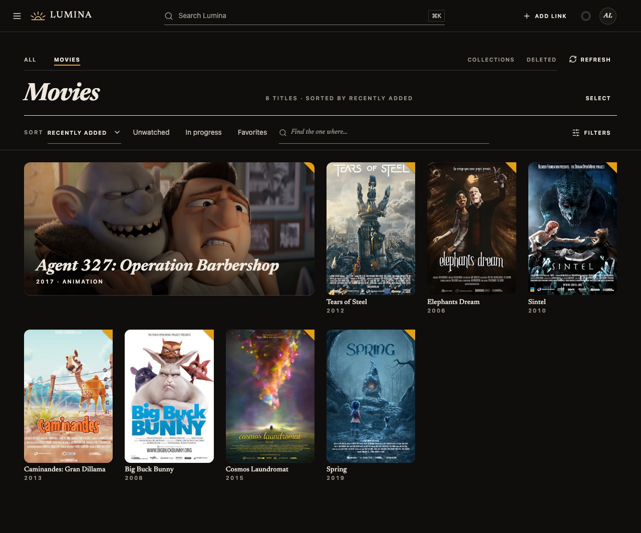 Current Lumina movie library with sorting, filters, and open-movie poster artwork