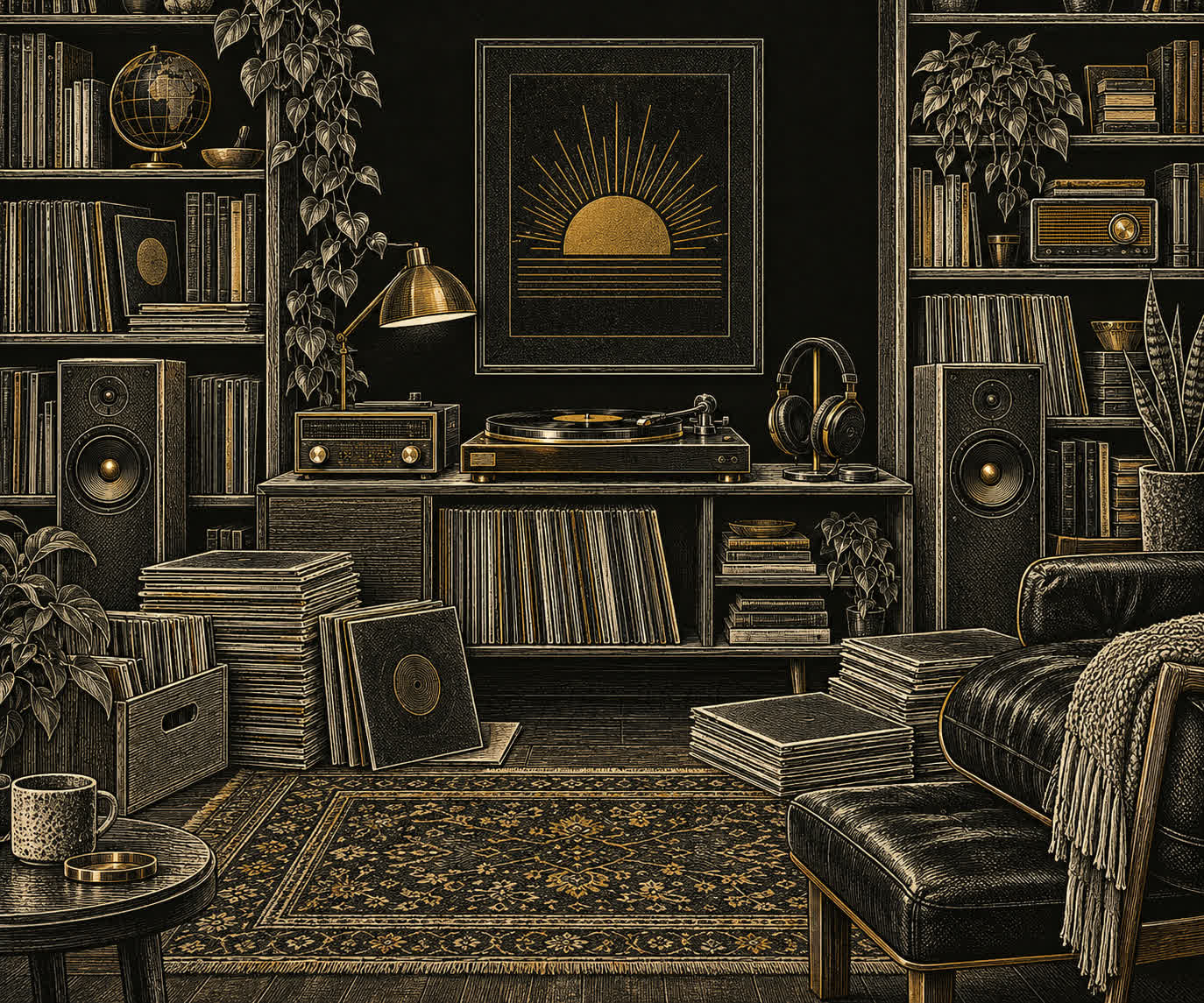 A golden line illustration of a personal listening room with a turntable and record collection