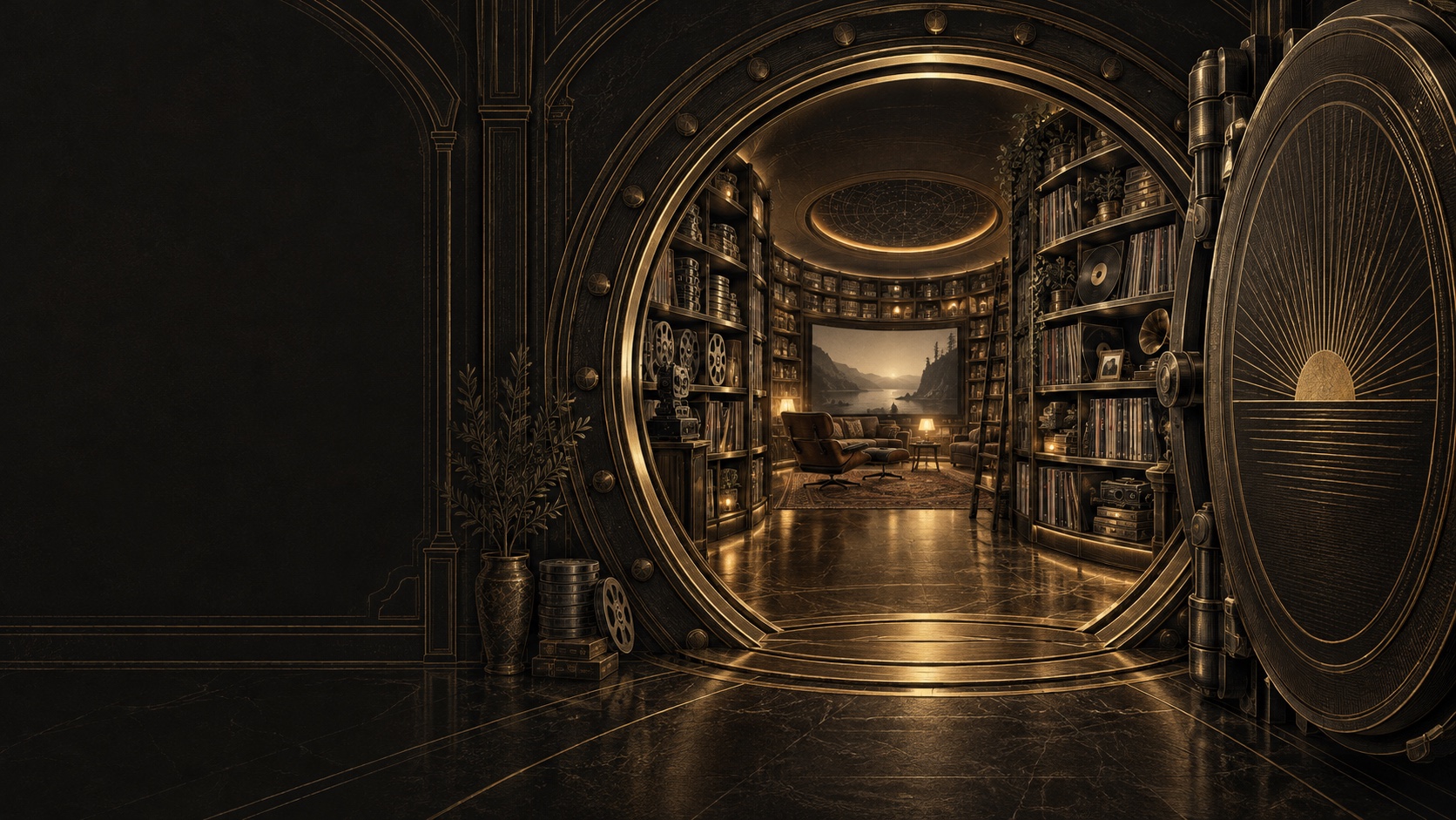 An illustrated media room filled with records, books, and films beneath a golden arch
